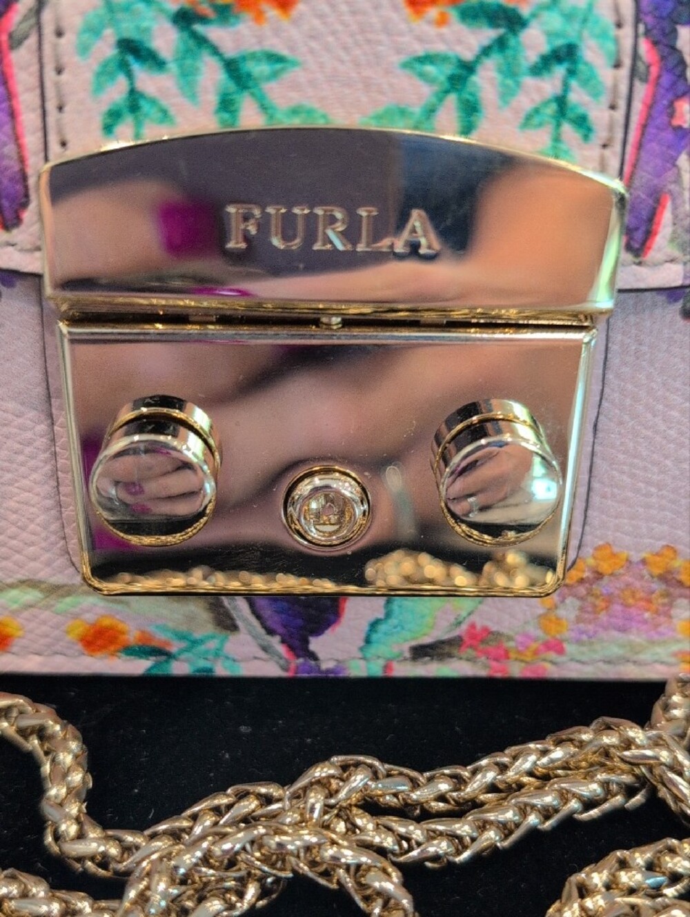Furla Pink Watercolor Bird Mini Crossbody with Gold Chain - Picture 2 of 11